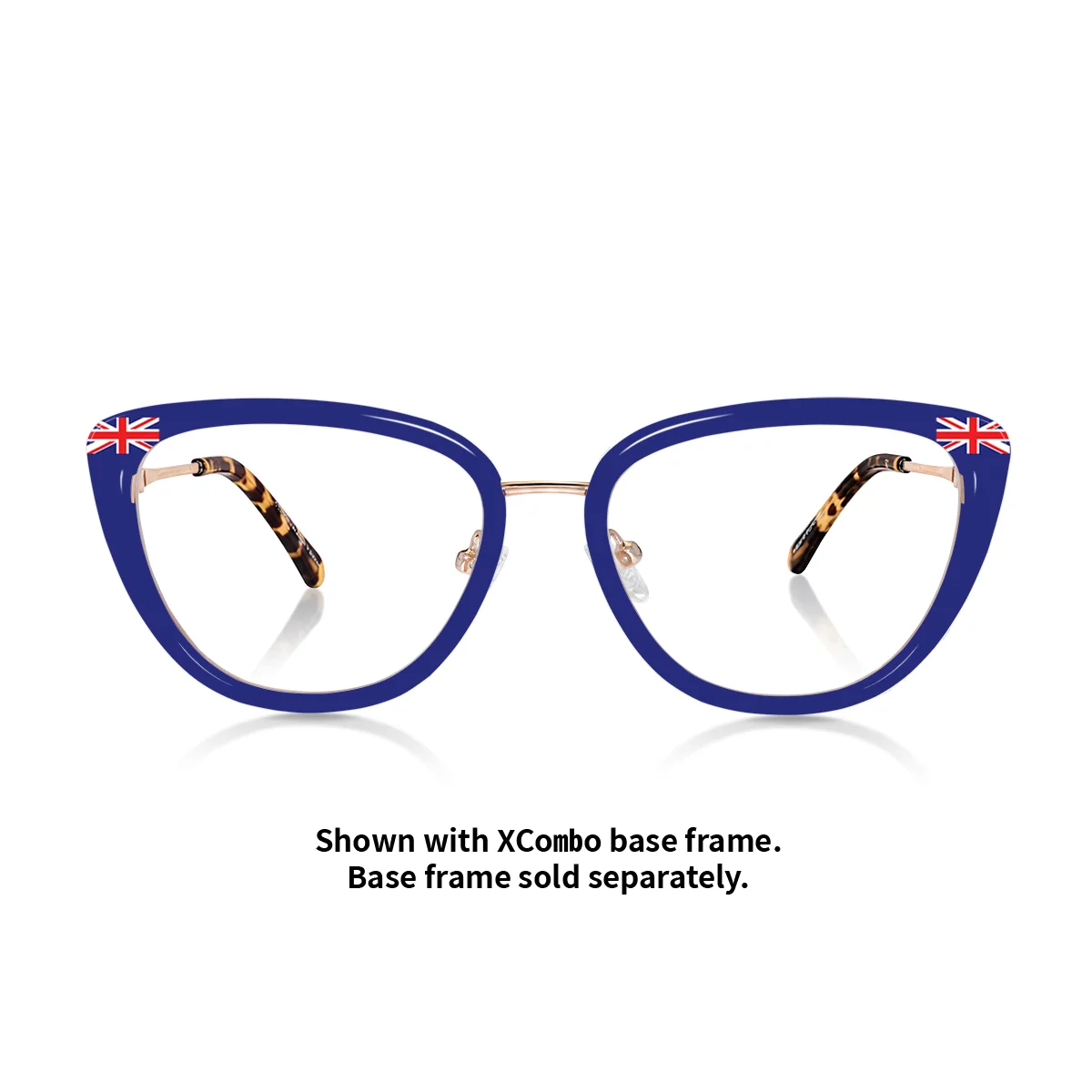 Front view of XCombo British flag interchangeable eyewear topper on the Aura cat-eye metal frame