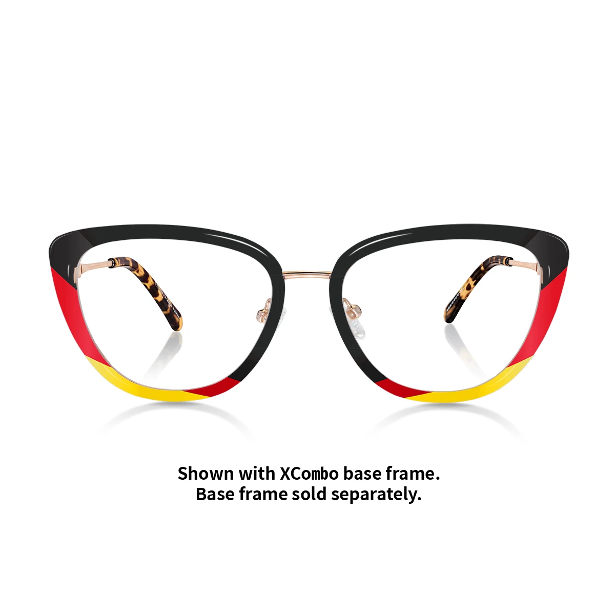 Germany-inspired black, red and gold interchangeable topper displayed on the XCombo Aura cat-eye frame