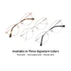xcombo-aura-metal-base-frame-angle-view XCombo Aura cat-eye metal base frames in three signature colors, Rose Gold, Champagne Gold and Metallic Silver, shown from a side-angle view.