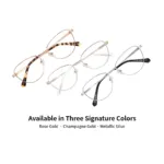 XCombo Aura cat-eye metal base frames in three signature colors, Rose Gold, Champagne Gold and Metallic Silver, shown from a side-angle view.