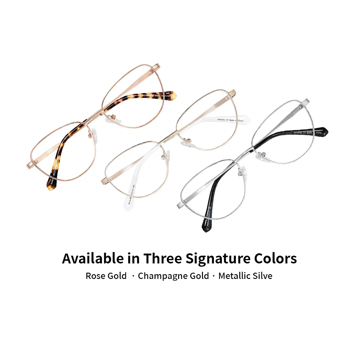 XCombo Aura cat-eye metal base frames in three signature colors, Rose Gold, Champagne Gold and Metallic Silver, shown from a side-angle view.