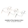 xcombo-aura-metal-cat-eye-glasses-top-angle Three XCombo Aura metal cat-eye base frames in Rose Gold, Champagne Gold and Metallic Silver arranged in a top-angle view.