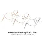 Three XCombo Aura metal cat-eye base frames in Rose Gold, Champagne Gold and Metallic Silver arranged in a top-angle view.
