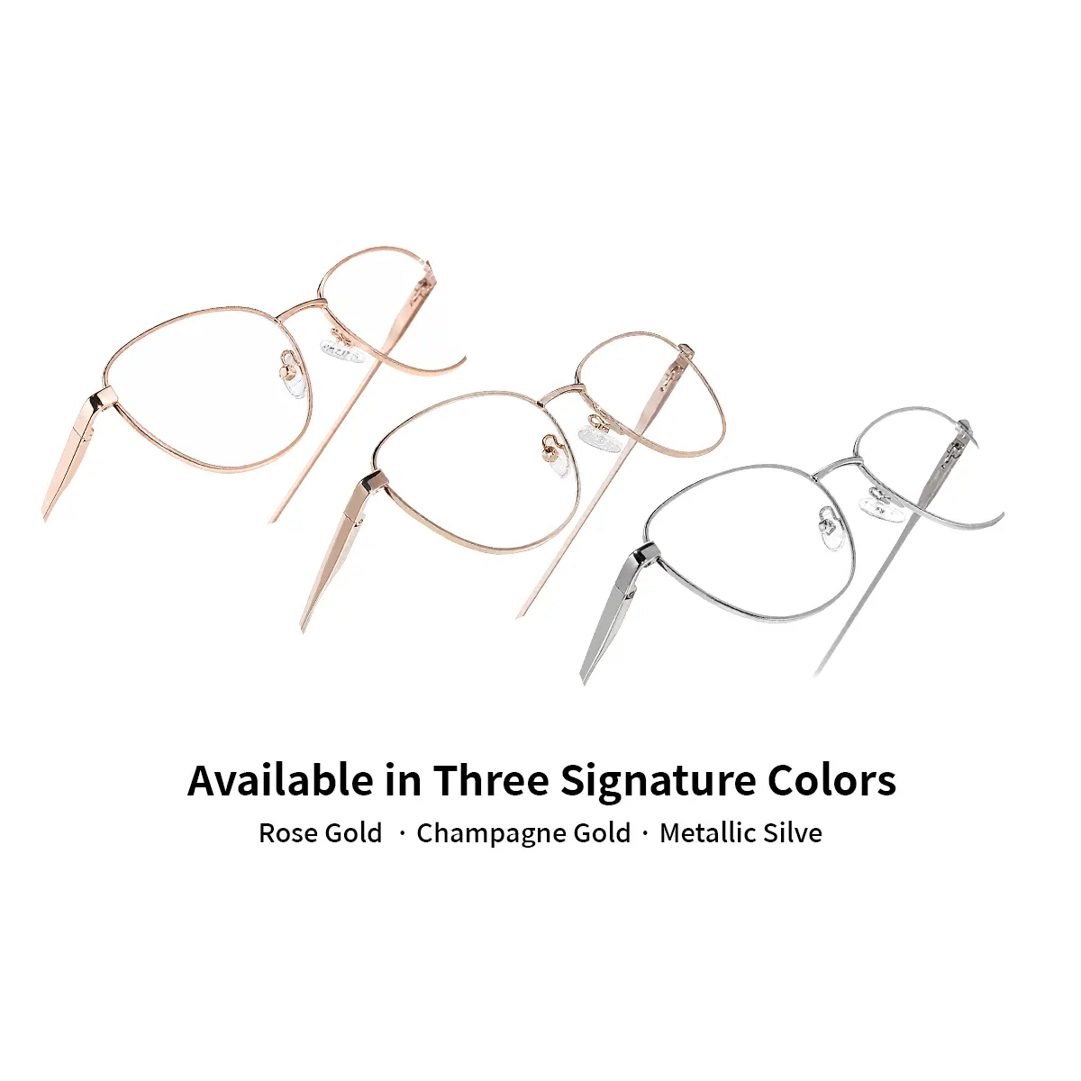 Three XCombo Aura metal cat-eye base frames in Rose Gold, Champagne Gold and Metallic Silver arranged in a top-angle view.