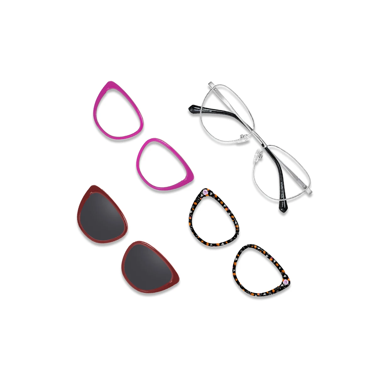 XCombo Aura metallic silver cat-eye metal base frame displayed with pink solid, burgundy sun and patterned interchangeable eyewear toppers.