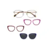 xcombo-aura-rose-gold-base-frame-color-and-sun-toppers XCombo Aura rose gold cat-eye metal base frame with pink and burgundy solid color toppers and a navy polarized sun topper.