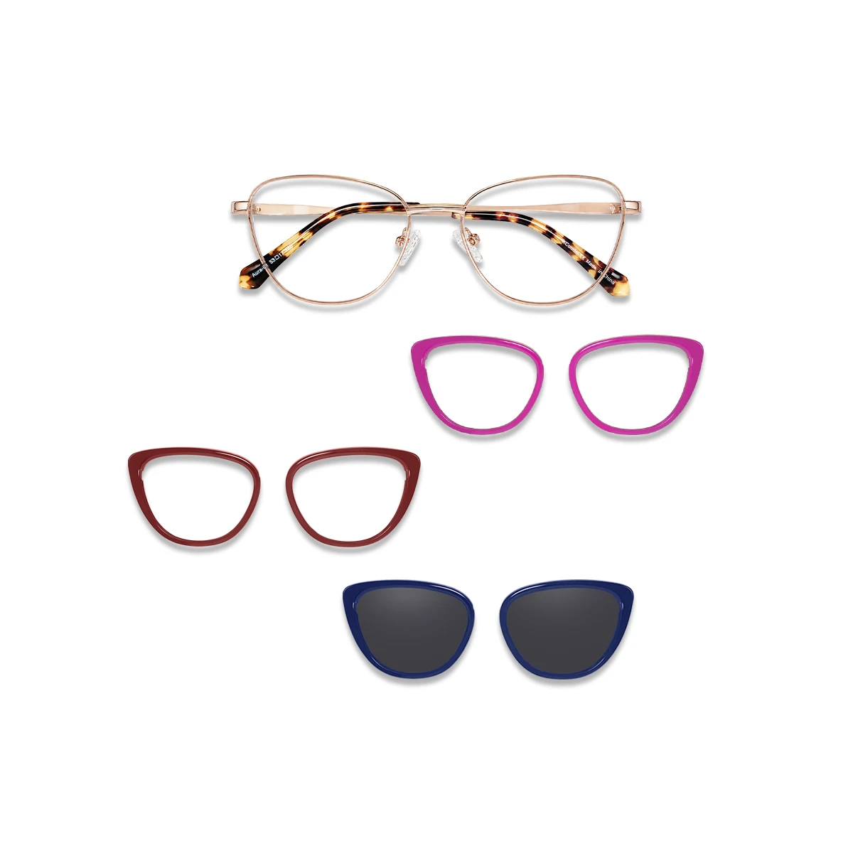XCombo Aura rose gold cat-eye metal base frame with pink and burgundy solid color toppers and a navy polarized sun topper.