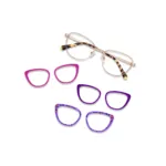 XCombo Aura rose gold cat-eye metal base frame with 3 interchangeable eyewear toppers arranged on a white background.