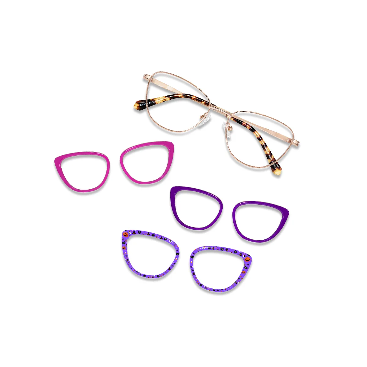 XCombo Aura rose gold cat-eye metal base frame with 3 interchangeable eyewear toppers arranged on a white background.