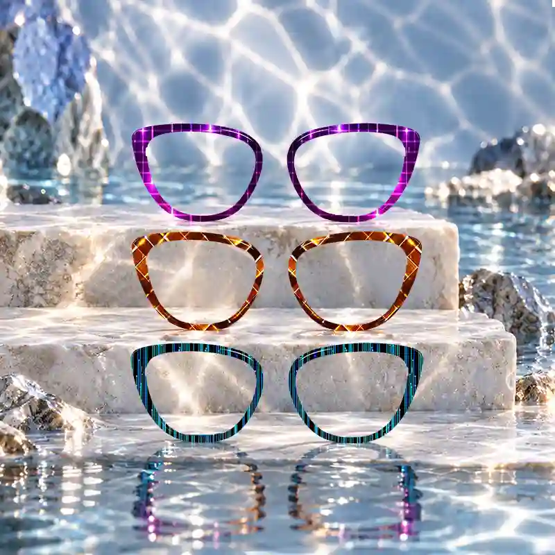 XCombo Aura Shadow & Light Creative Toppers with artistic patterns displayed on a stone platform by the water