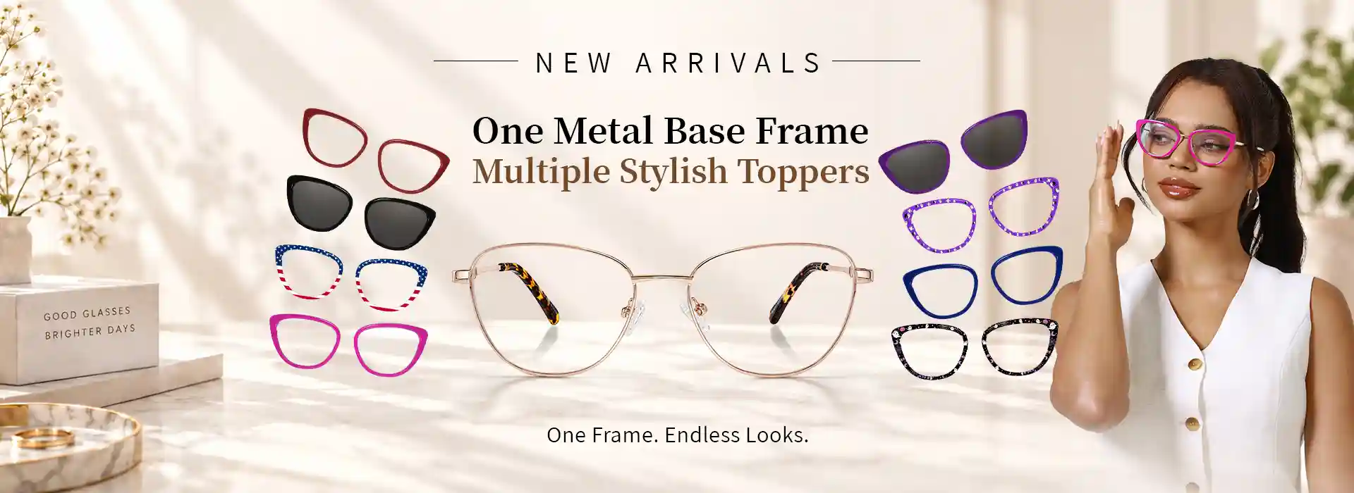 XCombo Aura metal base frame displayed with colorful and sun interchangeable eyewear toppers, with a model wearing a pink cat-eye topper