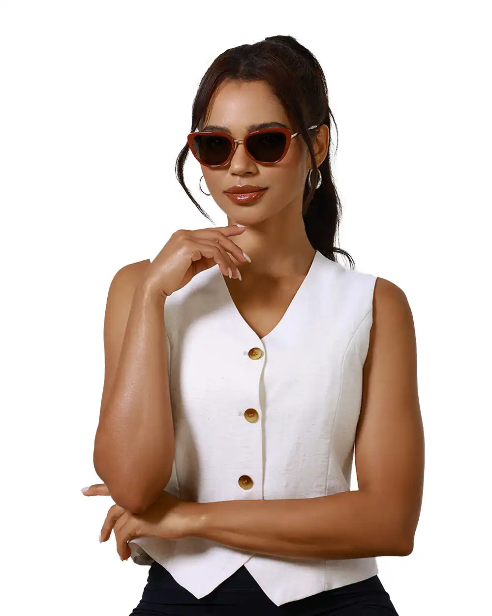 Model wearing XCombo Aura Glasses with polarized sun toppers