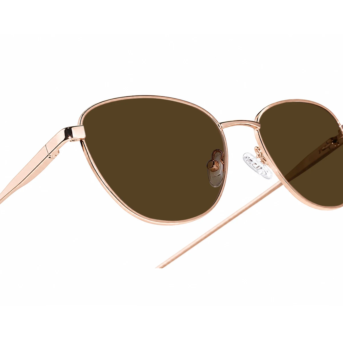 Brown sunglass lens and polished rose gold rim detail on XCombo Aura