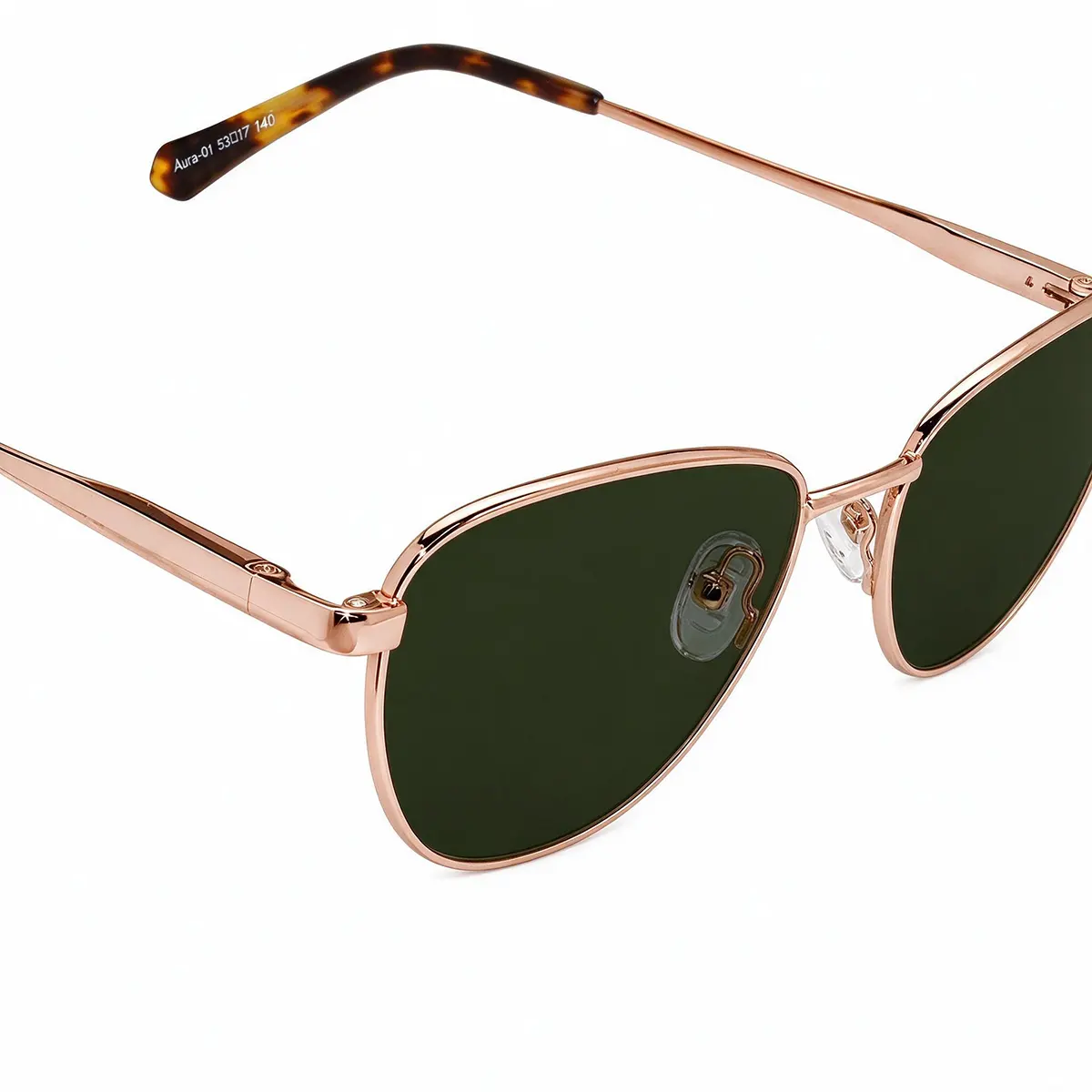 Close-up of the XCombo Aura frame hinge and polished rose gold finish