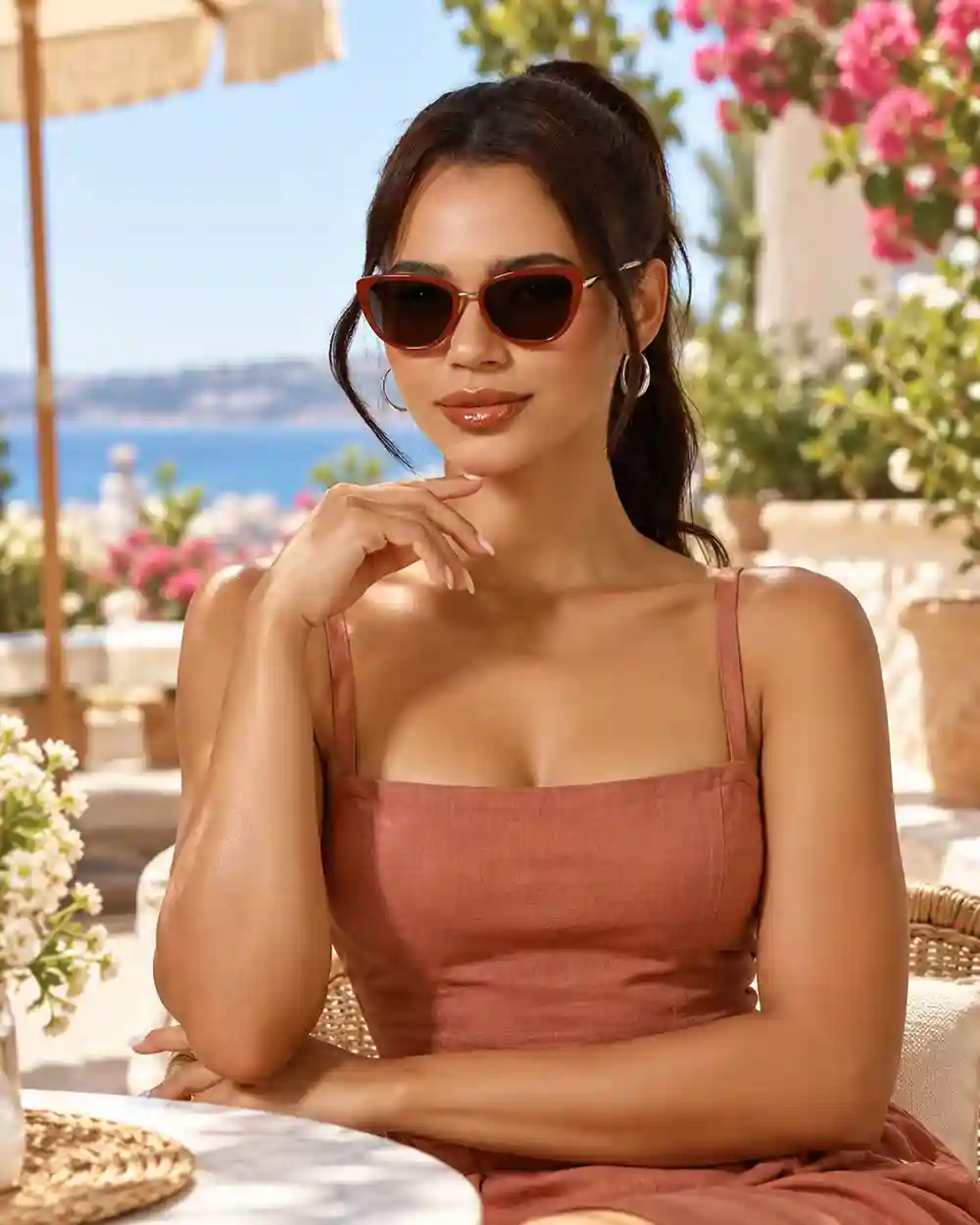 XCombo Aura glasses with a red frame and dark sun lenses, worn by a woman at a sunny outdoor cafe.