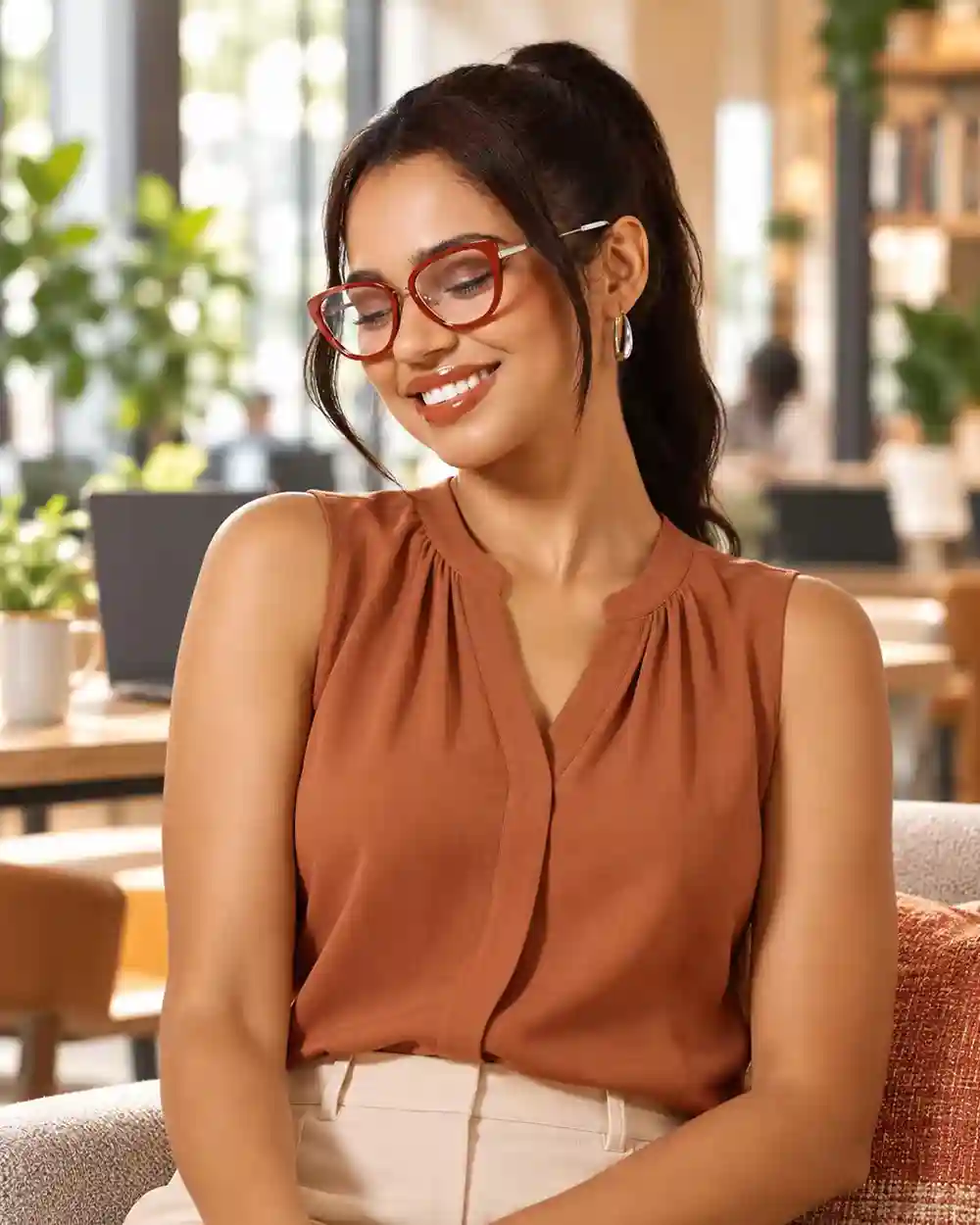 XCombo Aura glasses with a red topper and clear lenses paired with a rust-colored blouse.
